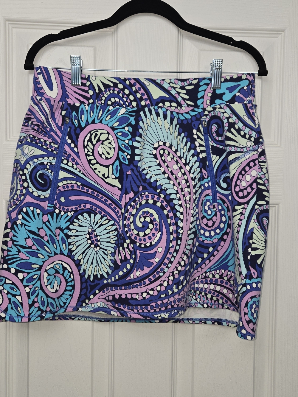 T by Talbots Women Paisley Skort Small Petite SP Blue Purple Zip Pockets Stretch
